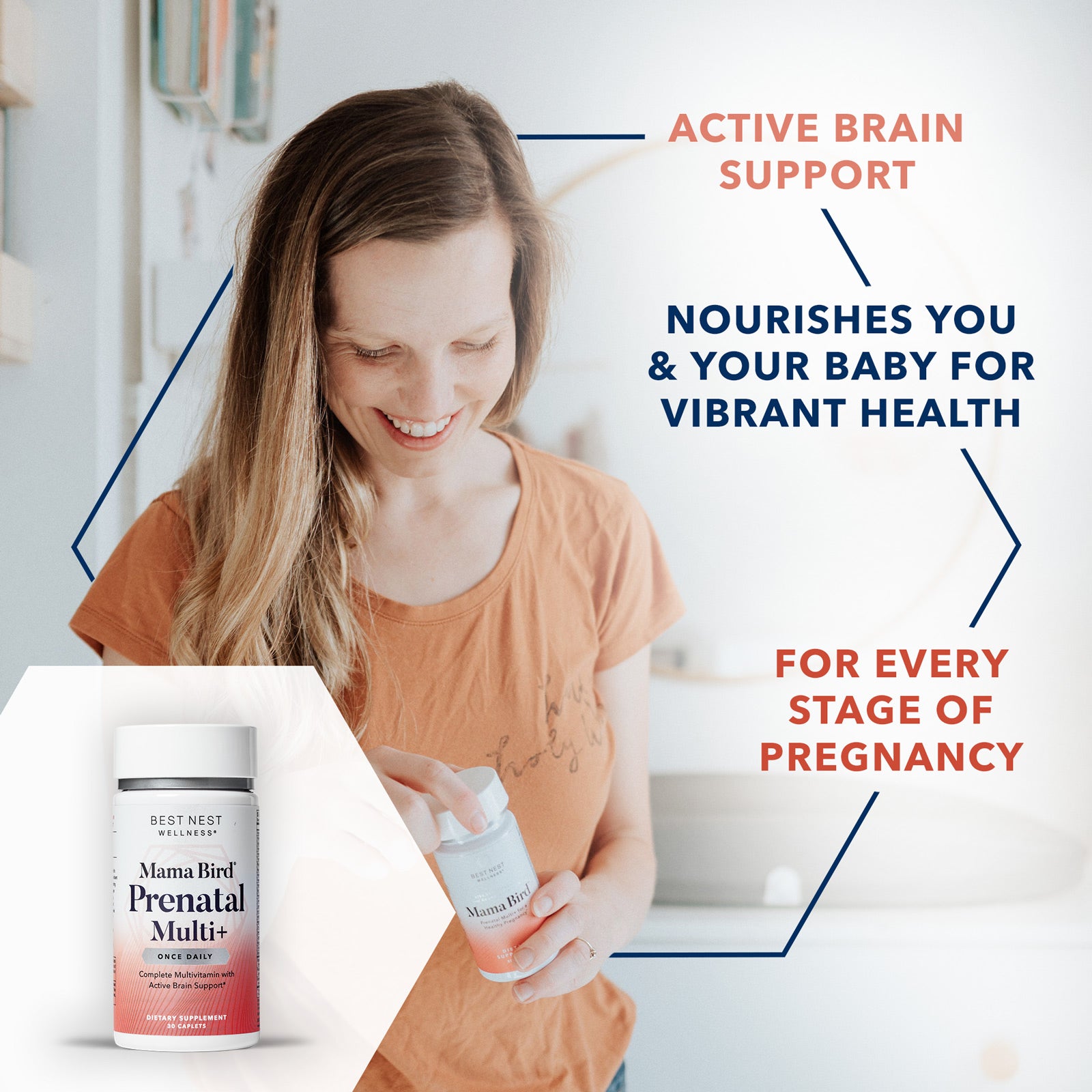 A woman holding a bottle of prenatal multivitamins for baby's brain and neurodevelopment.