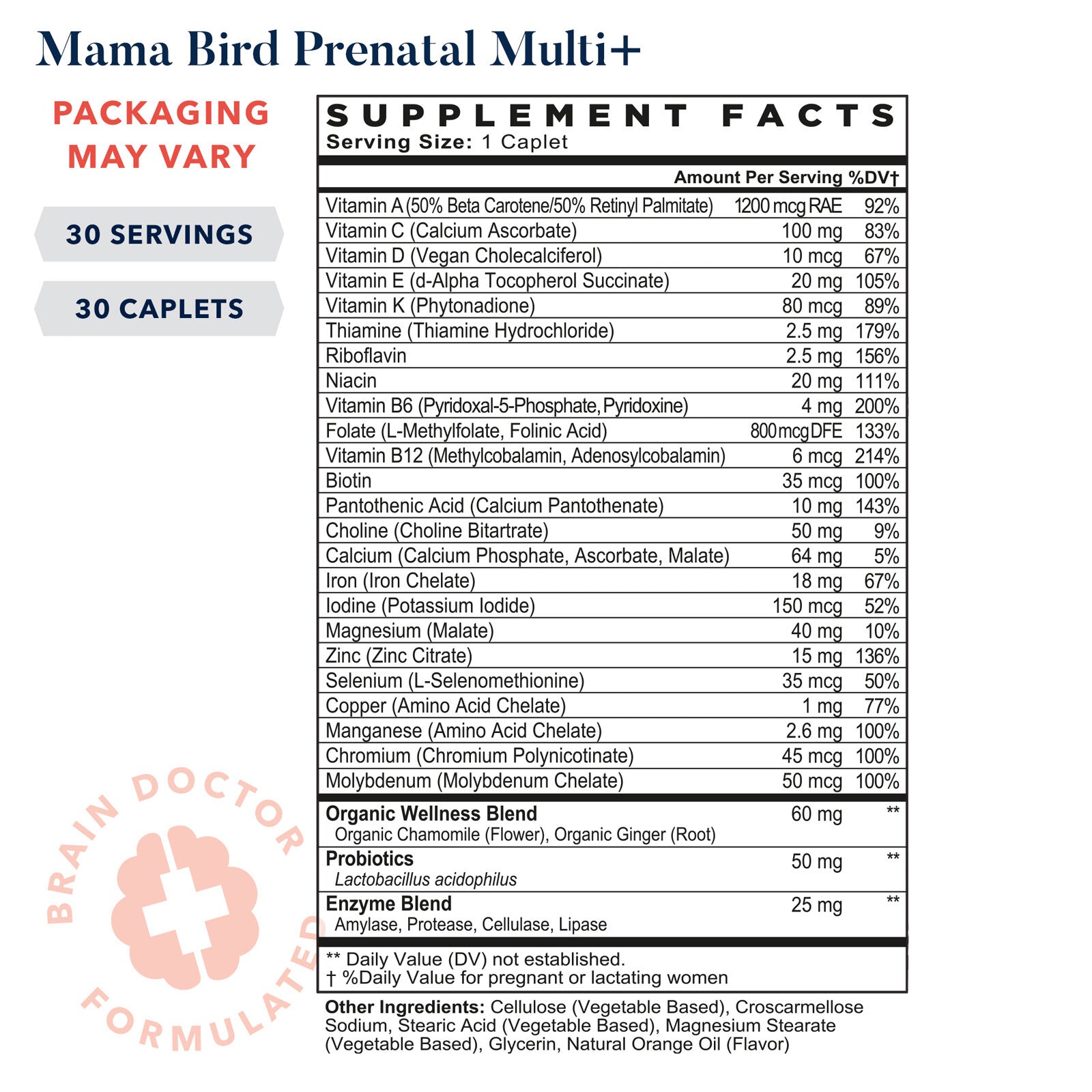 Mama Bird Prenatal Multi+ label with nutrition information and logo details for baby's brain development.