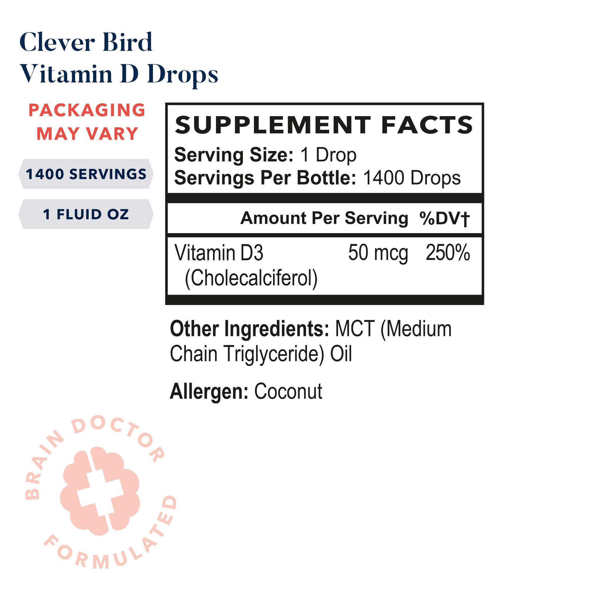 Clever Bird Vitamin D drops label with suplement facts, ingredients and allergen information