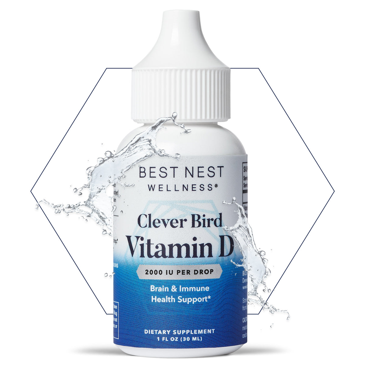 Vitamin D Drops bottle with 2000 IU per drop, plastic bottle with white cap and black text.