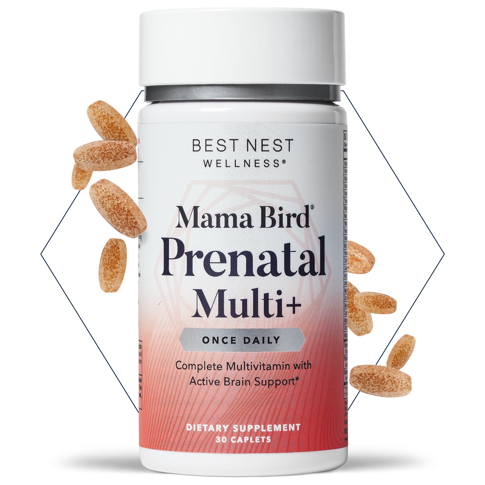 Mama Bird Prenatal Multi+ bottle with pills for baby's brain and neurodevelopment.