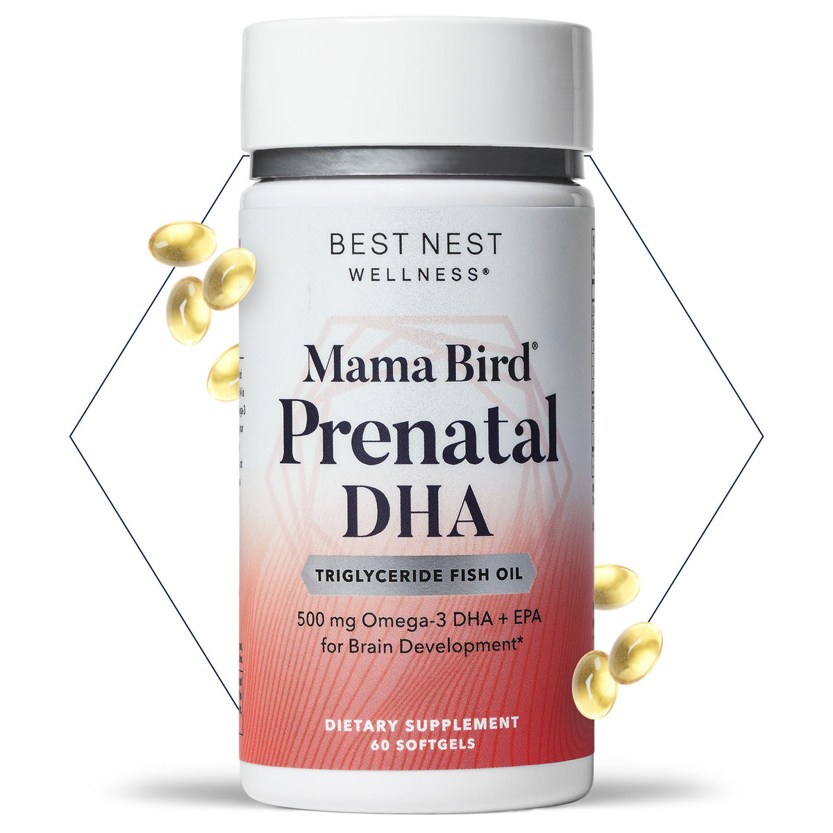 Mama Bird Prenatal DHA bottle with label, close-up details of the product for neurodevelopment support.