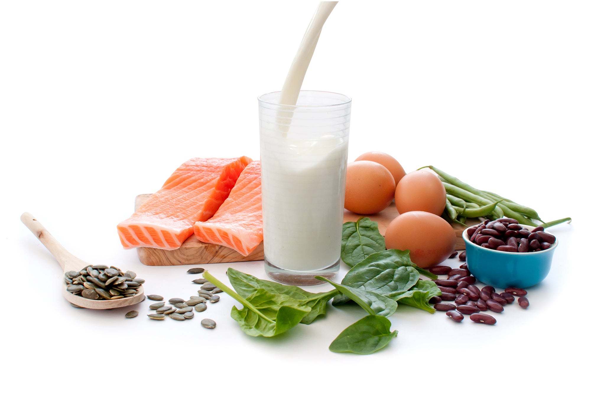 Glass of milk, salmon, eggs, and nuts. Protein for Pregnancy: How Much Do You Need? What is protein?